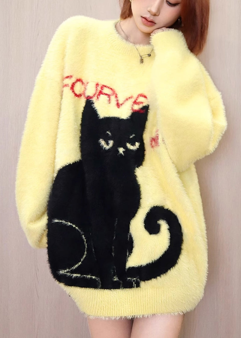 Diy Yellow O Neck Animal Mink Hair Knitted Sweater Tops Spring