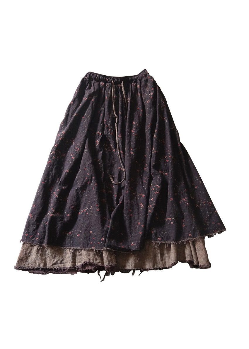 Black Elastic Waist Drawstring Print a Line Skirt Spring