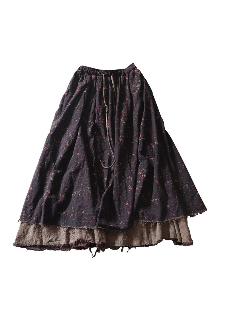 Black Elastic Waist Drawstring Print a Line Skirt Spring
