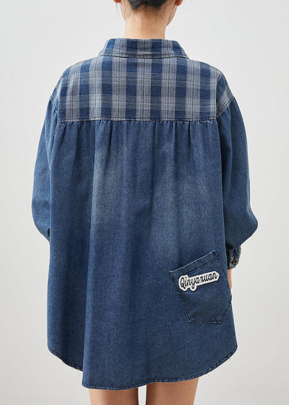 Diy Blue Oversized Patchwork Plaid Denim Coats Spring