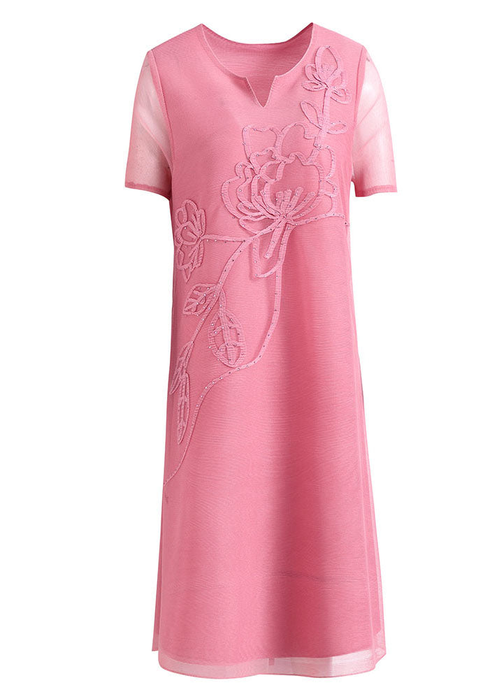 Diy Pink V Neck Embroideried Nail Bead Tulle Mid Dresses Short Sleev
