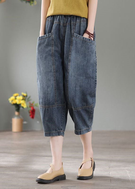 Denim Blue High Waist Pockets Cotton Crop Pants Summer