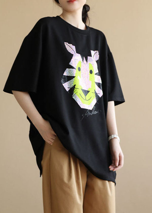 Loose Black O-neck Animal Print Side Open Cotton Tanks Short Sleeve