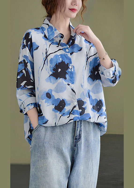 Blue Peterpan Collar Button Print Fall Tops Long Sleeve