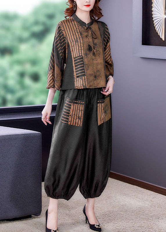 Chocolate Stand Collar Patchwork Print Silk Two Pieces Set Bracelet Sleeve