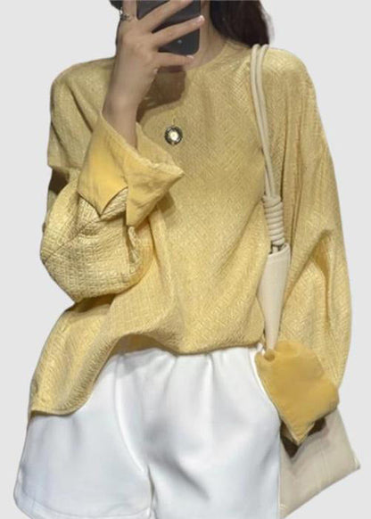 Yellow O-neck Cotton Tops Long Sleeve