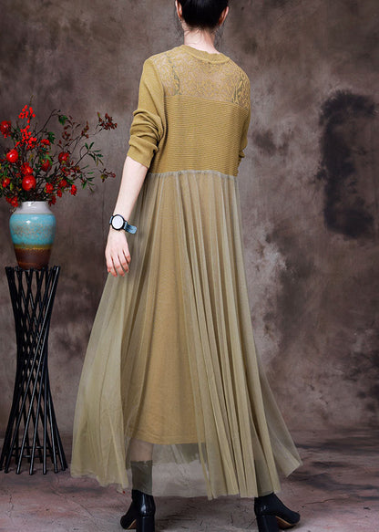 Stylish Yellow O-neck Tulle Patchwork Knit Dress Long Sleeve