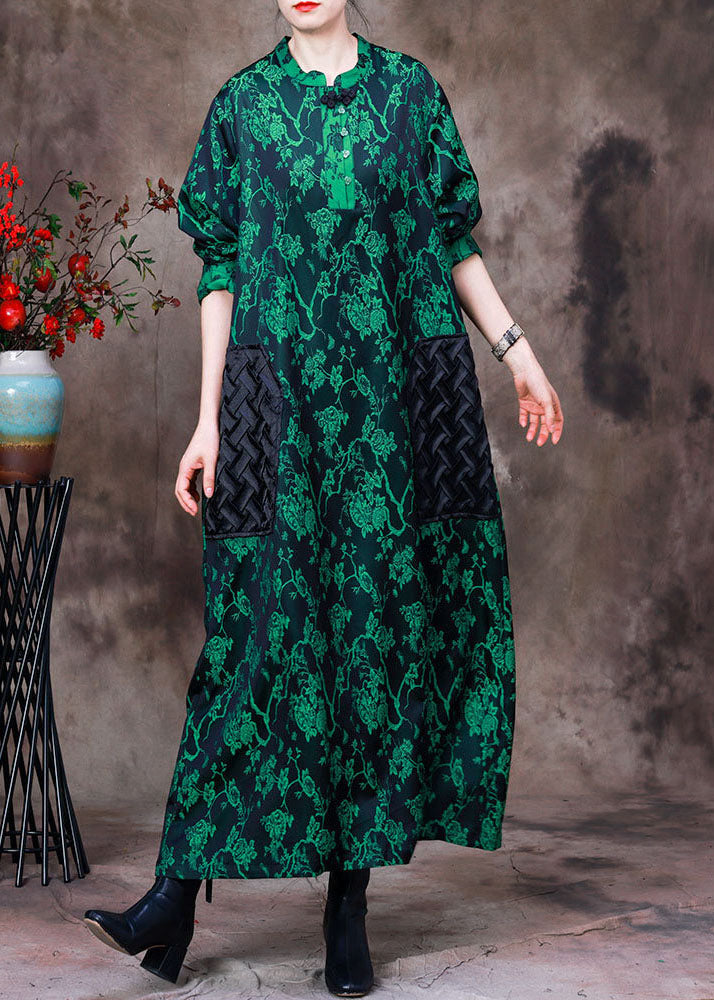 Green Stand Collar Jacquard Patchwork Silk Long Dress Long Sleeve