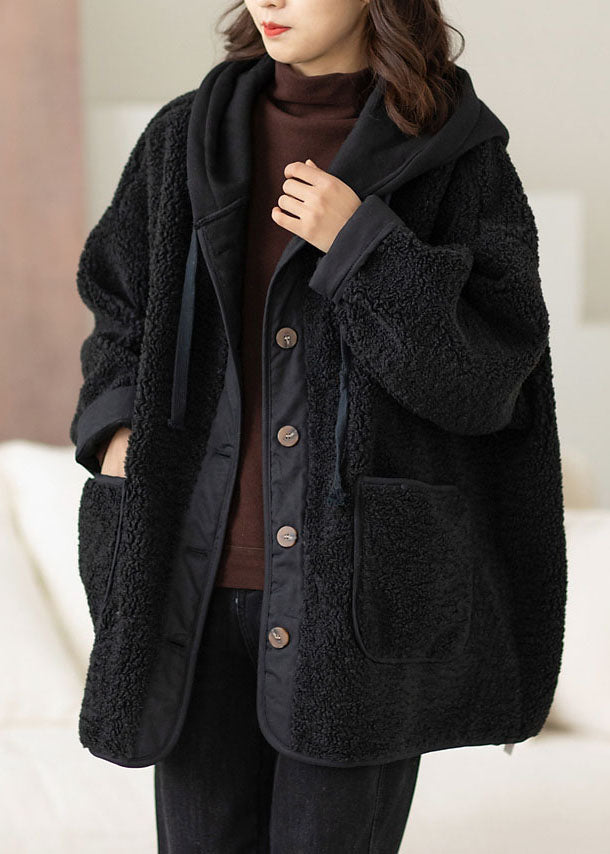 Coffee Patchwork Button Thick Faux Fur Hooded Coats Winter