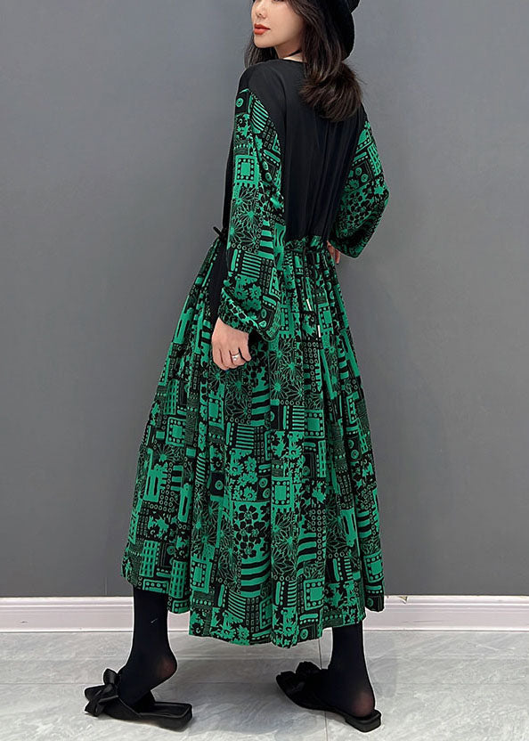 Green O-neck Patchwork Drawstring Cotton Maxi Dresses Fall