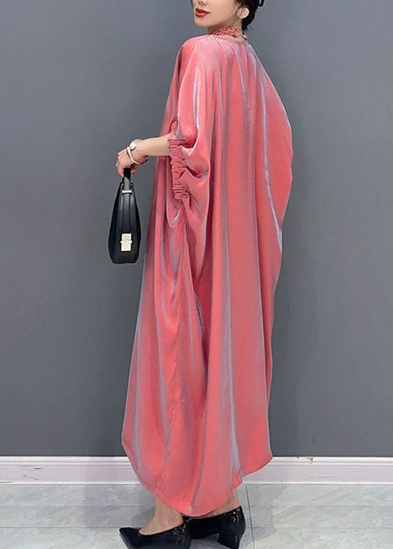 Pink O-neck Silk Long Dress Short Sleeve Summer