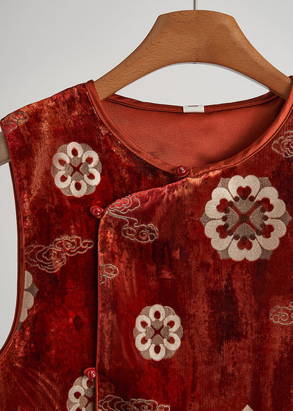 Brick Red Jacquard Silk Velvet Vests Sleeveless