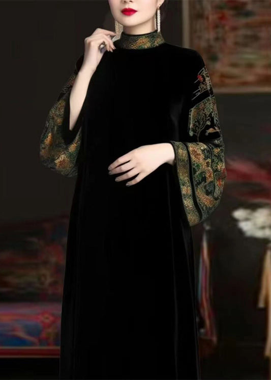 Black Turtleneck Print Patchwork Silk Velour Long Dresses Fall