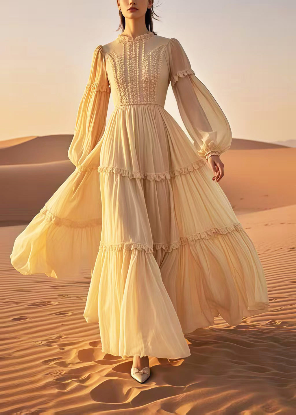 Yellow Ruffled Exra Large Hem Chiffon Ankle Dress Spring