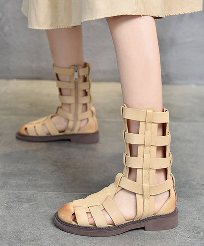 Beige Cowhide Leather Splicing Cross Strap Boots