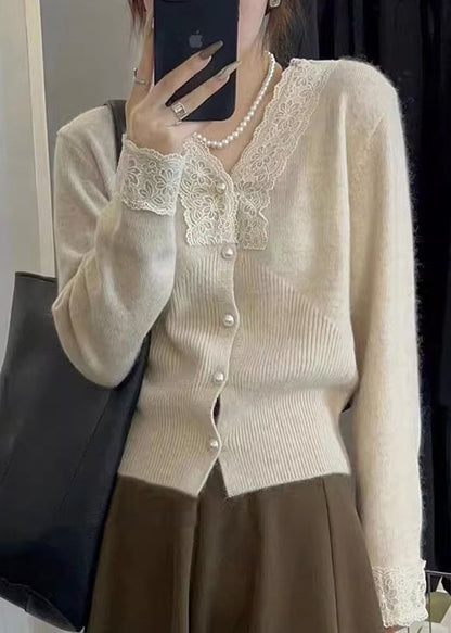 Apricot Button Lace Patchwork Cotton Knit Coats Fall