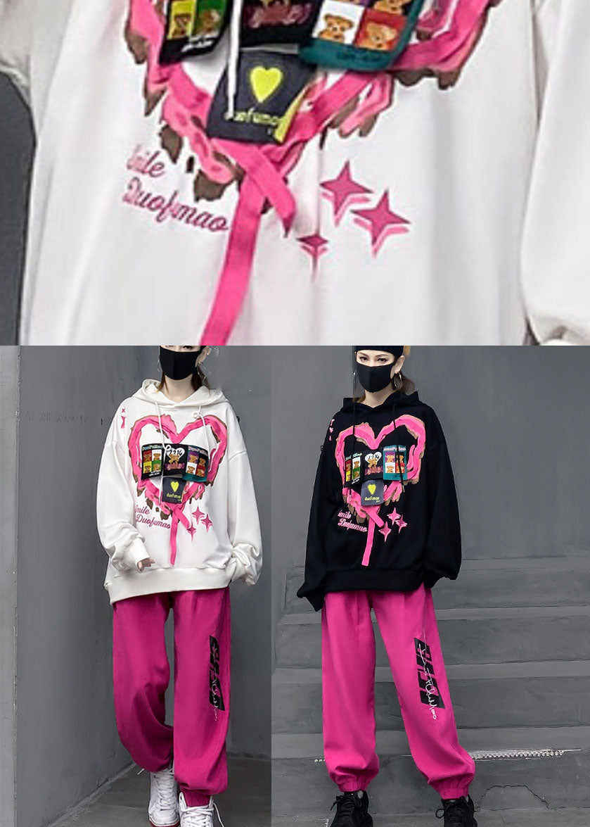 Black Print Cotton Hooded Pullover and Lantern Pants Two Pieces Set Fall