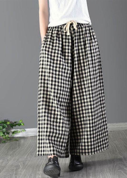 Large Plaid Elastic Waist Linen Wide Leg Pants Summer