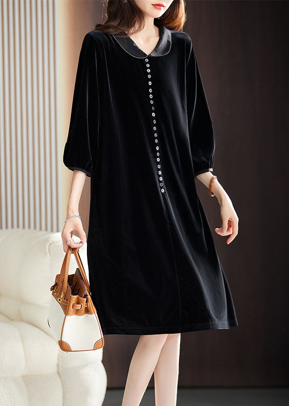Black Peter Pan Collar Button Holiday Maxi Dress Fall