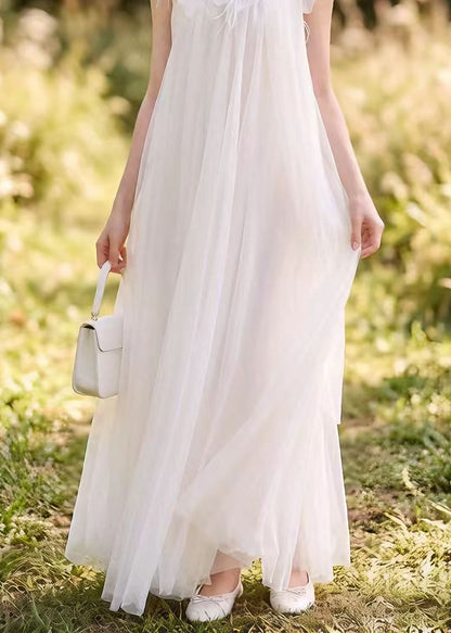 Boutique White Nail Bead Tulle Long Dress Summer