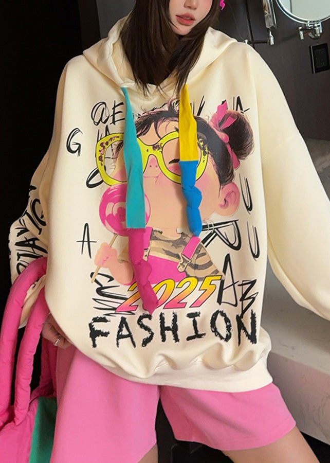 Oversized Black Hooded Cartoon Print Cotton Sweatshirt Spring