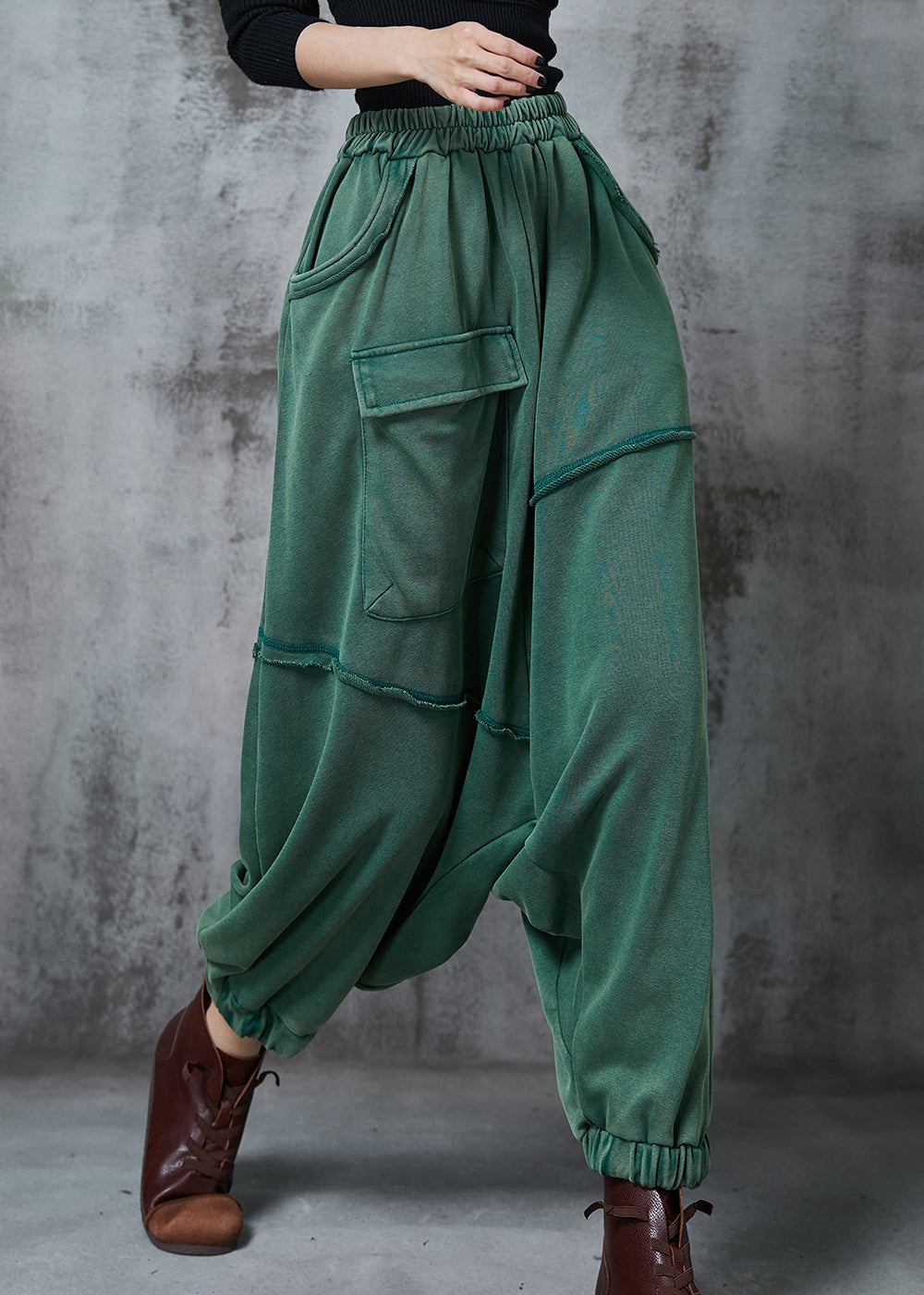 Green Oversized Asymmetrical Cotton Harem Pants Fall