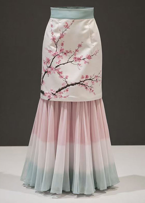 Pink Print False Two Pieces Chiffon Patchwork Skirts Summer