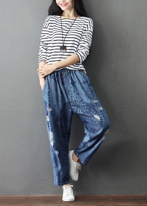 Blue Pockets Print Hole Fall Cotton Pants