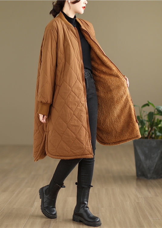 Khaki Pockets Zippered Warm Fleece Coat Winter