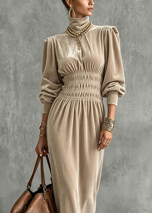 Apricot Hign Neck Wrinkled Patchwork Velvet Dress Lantern Sleeve