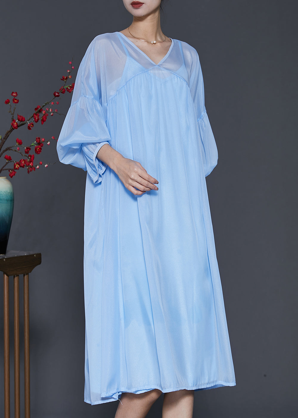 Lake Blue Draping Chiffon Dress Two Piece Set Lantern Sleeve
