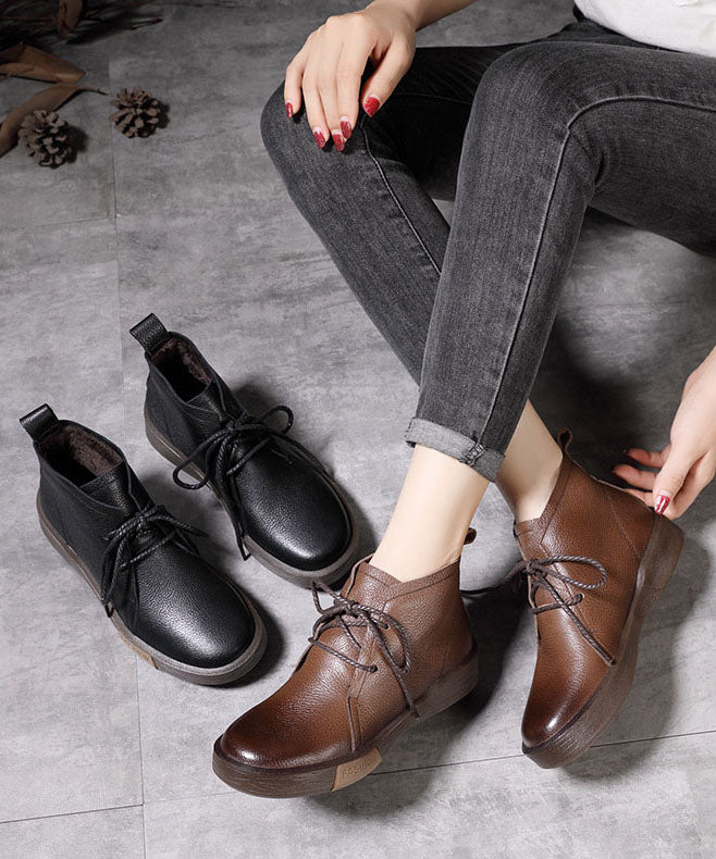 Chocolate Cowhide Leather Warm Fleece Boots Lace Up Shelsea Boots