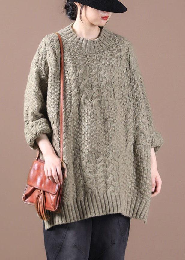 Khaki Loose Cable Knit Fall Long Knit Top