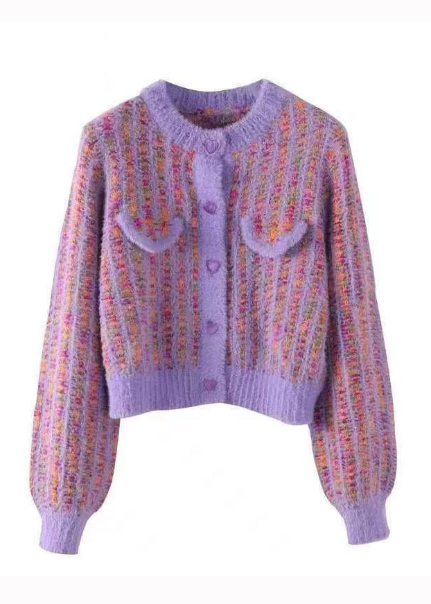 Purple O Neck Button Mink Hair Knitted Coats Fall