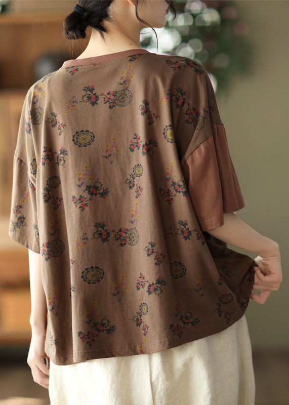 Dark Chocolate O-neck Oversized Print Cotton Tanks Short Sleeve