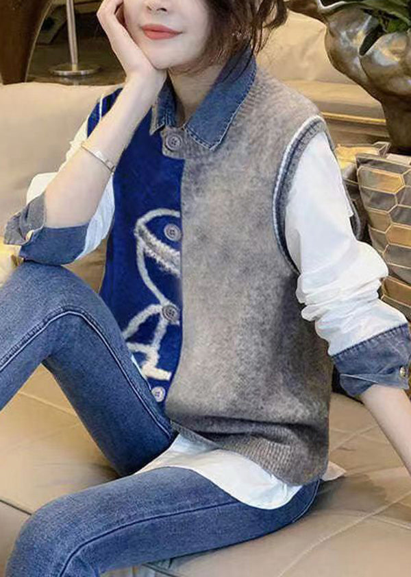 Stylish Vest Denim Patchwork Shirt Autumn New Two-piece Set
