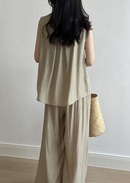 New Khaki Tops and Pants Cotton Two Pieces Set Summer