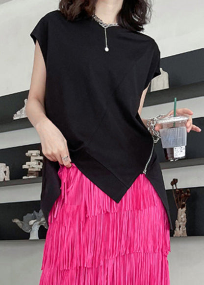 Black O-neck Zippered Top Summer