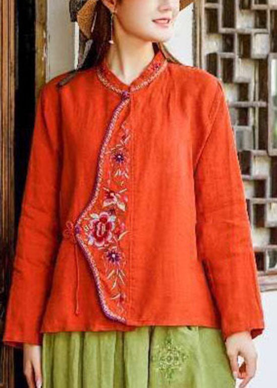Oriental Blue O-neck Tie Waist Embroideried Linen Tops Spring