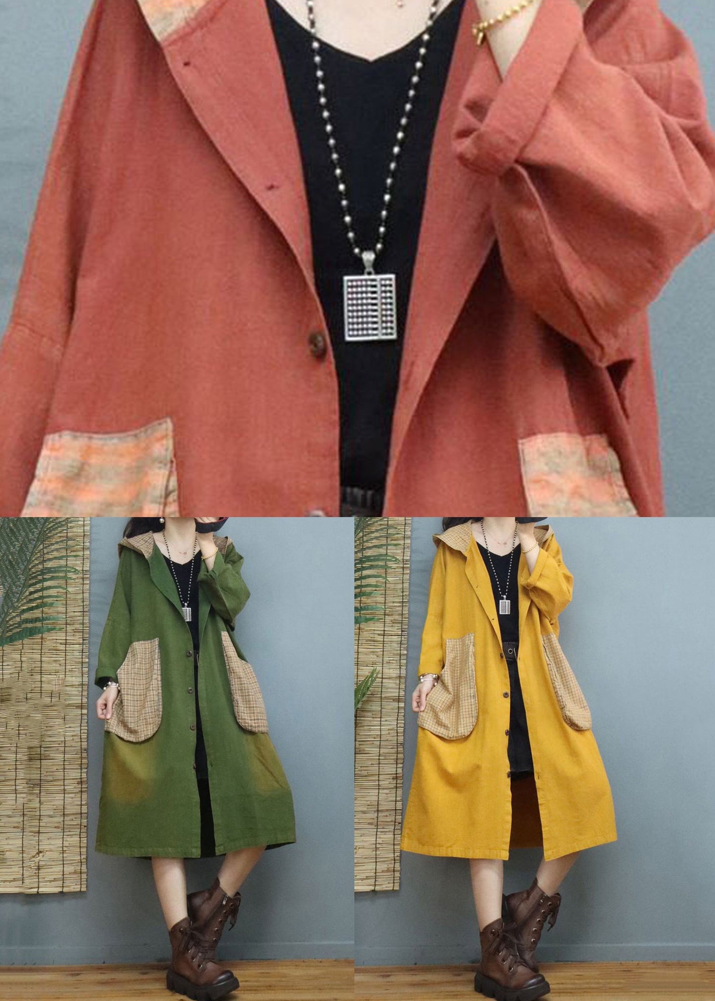 Green Plaid Pockets Patchwork Cotton Coats Fall