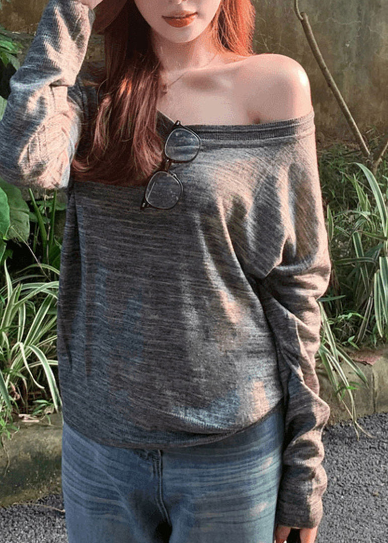 Unique Orange Asymmetrical Design Patchwork Thin Cotton Knit Top Fall