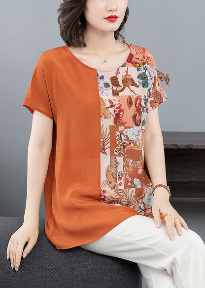 Orange O Neck Print Patchwork Silk T Shirt Tops Summer