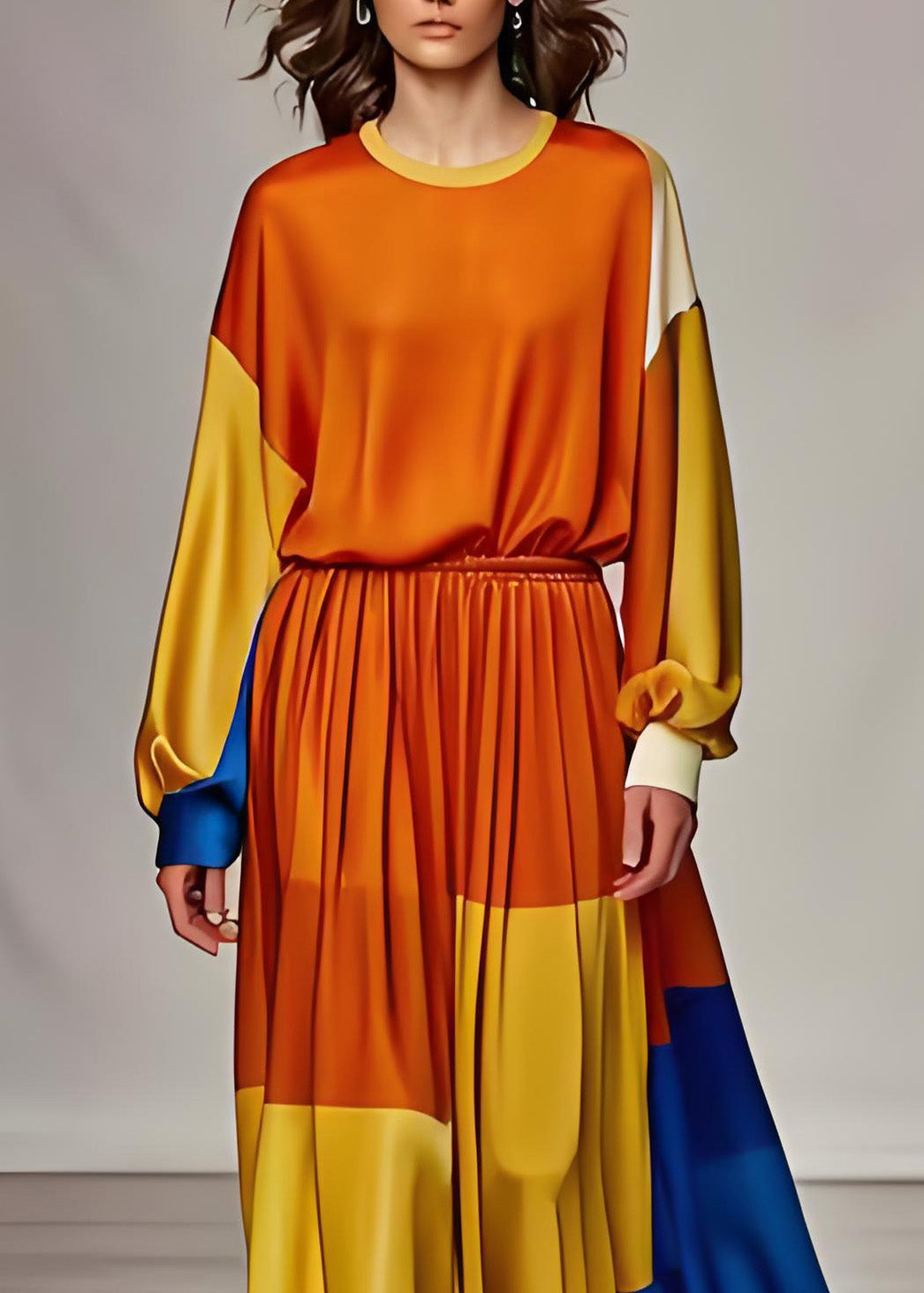 Orange O Neck Silk Two Pieces Set Long Sleeve