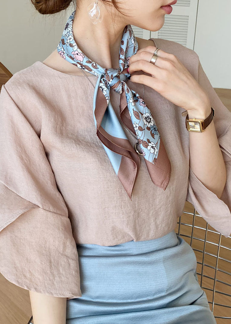Khaki O-neck Slim Fit Linen Shirt Top Butterfly Sleeve