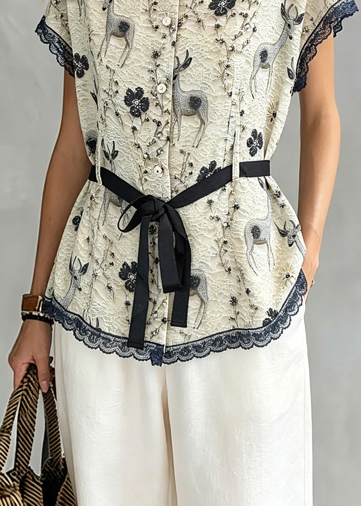 Khaki Lace Patchwork Tie Waist Silk Tops Short Sleeve