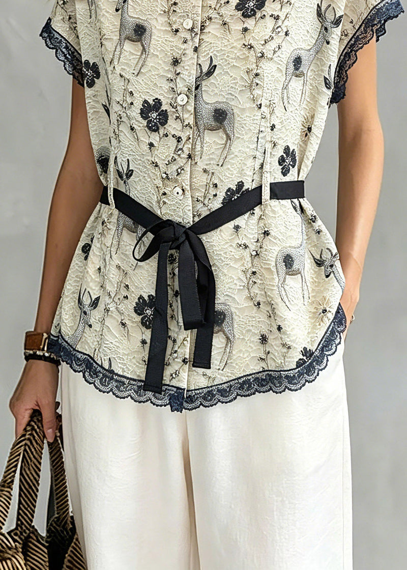 Khaki Lace Patchwork Tie Waist Silk Tops Short Sleeve