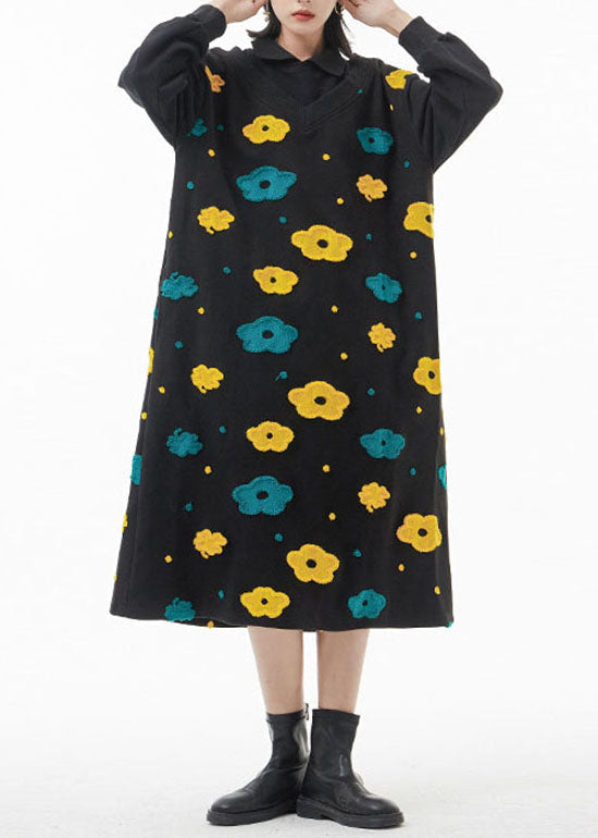 French Black Peter Pan Collar Patchwork Woolen Dress Spring