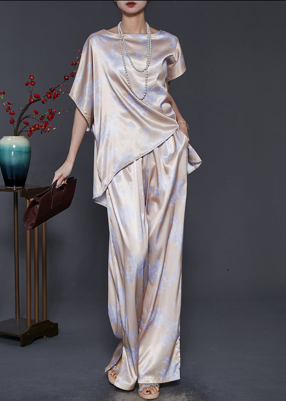 Apricot Asymmetrical Patchwork Print Draping Silk Two Pieces Set Summer