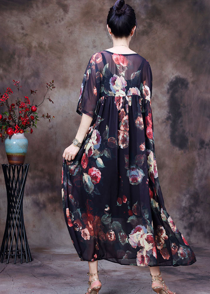 Black O-neck Wrinkled Print Chiffon Beach Dress Two Pieces Set Summer