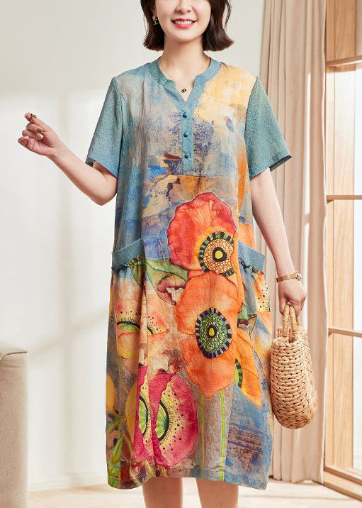 Blue Print Pockets Cotton Dresses Short Sleeve